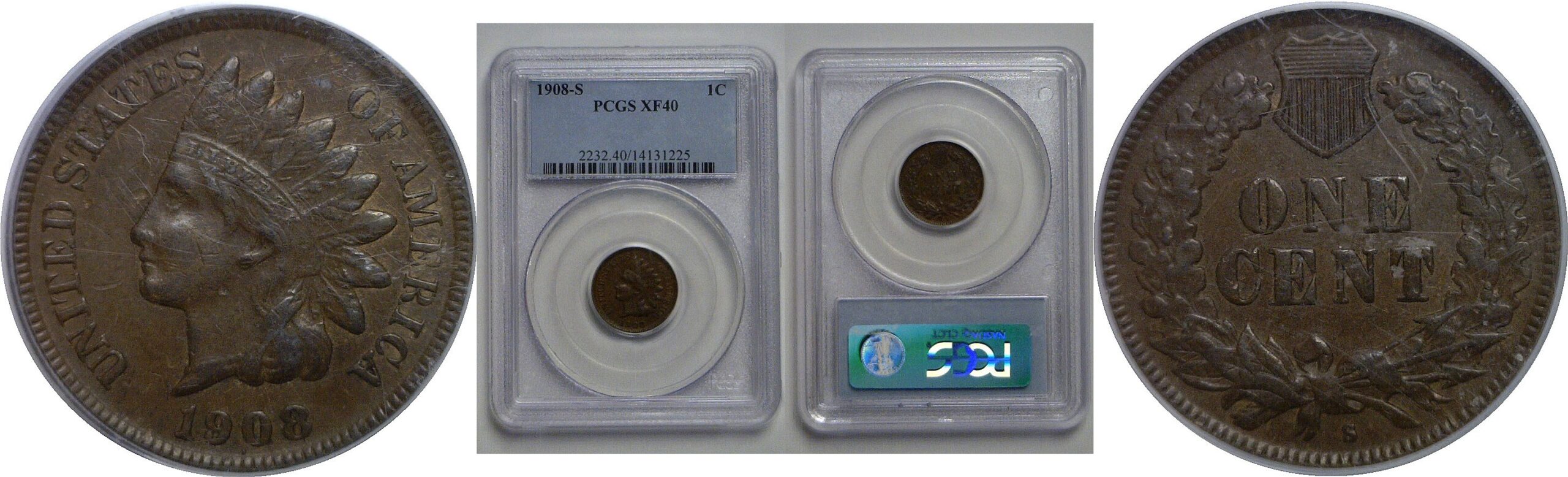 1908-S Indian Head Cent   PCGS XF-40