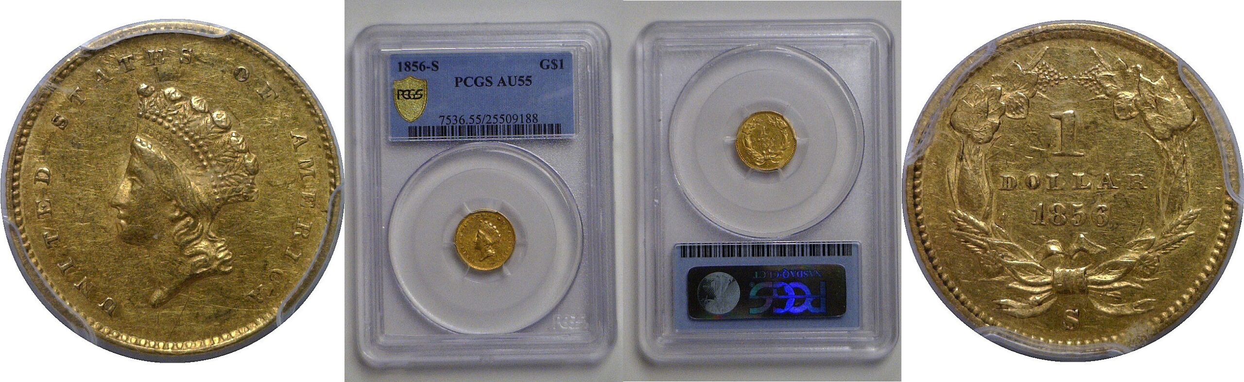 1856-S One Dollar Gold Coin   PCGS AU-55