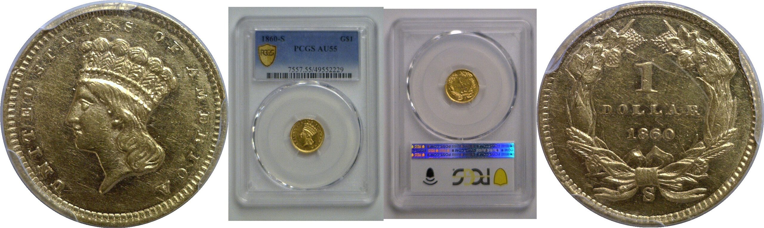 1860-S One Dollar Gold Coin   PCGS AU-55