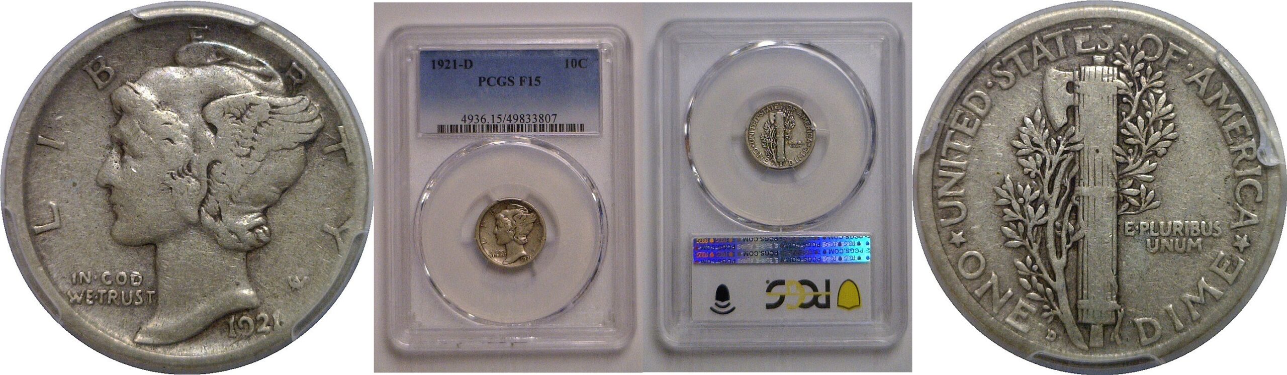 1921-D Mercury Dime   PCGS F-15