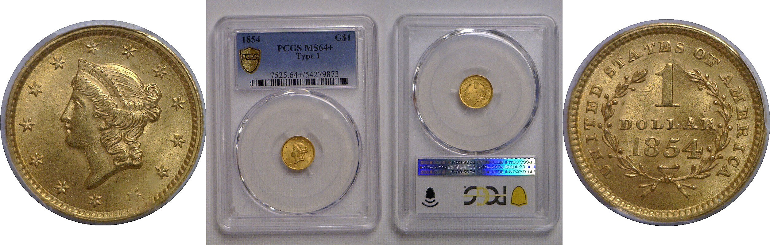 1854 One Dollar Gold Coin   PCGS MS-64+