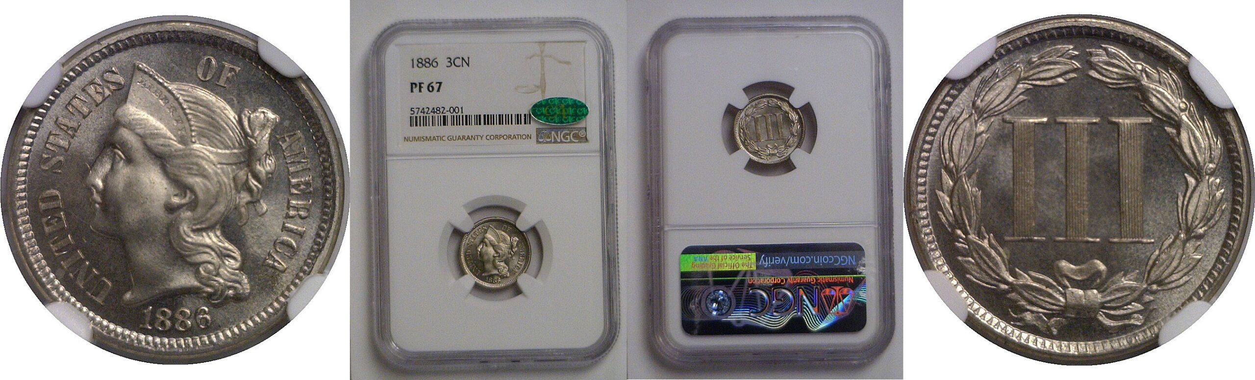1886 Nickel Three Cent   NGC PF-67  CAC