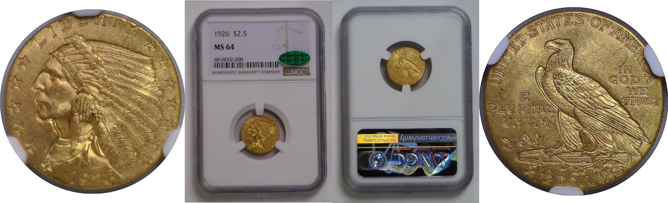 1926 $2 1/2 Indian   NGC MS-64  CAC