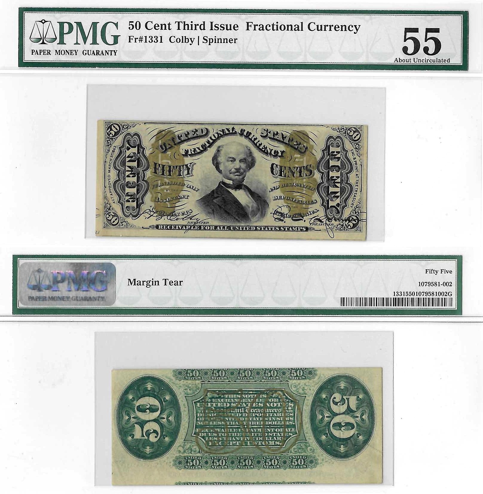 50 Cents Third Issue Fractional Currency Fr. 1331 PMG AU 55