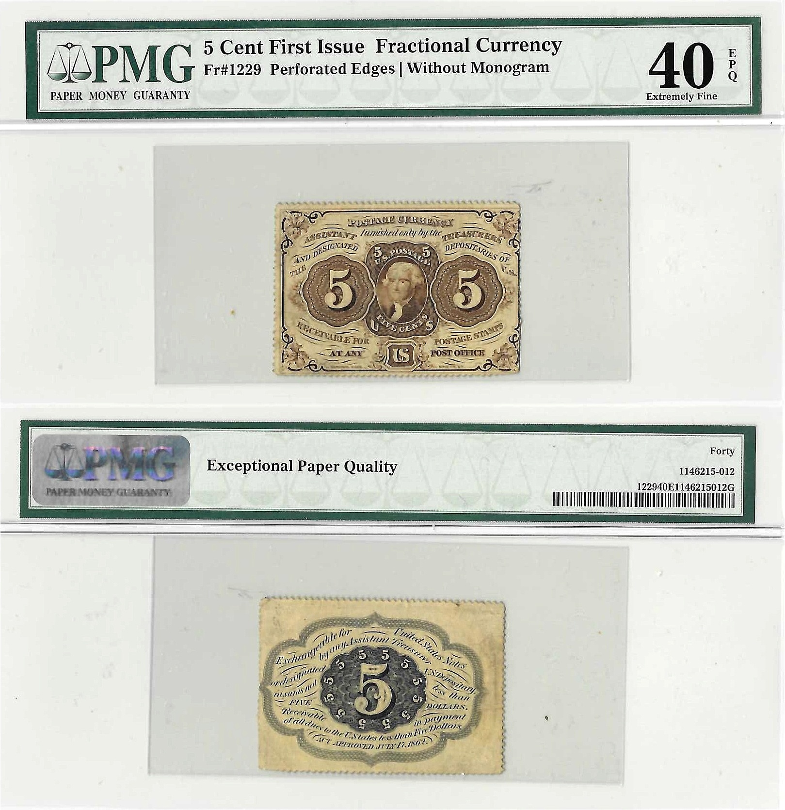 5 Cents First Issue Fractional Currency Fr. 1229 PMG XF-40 EPQ