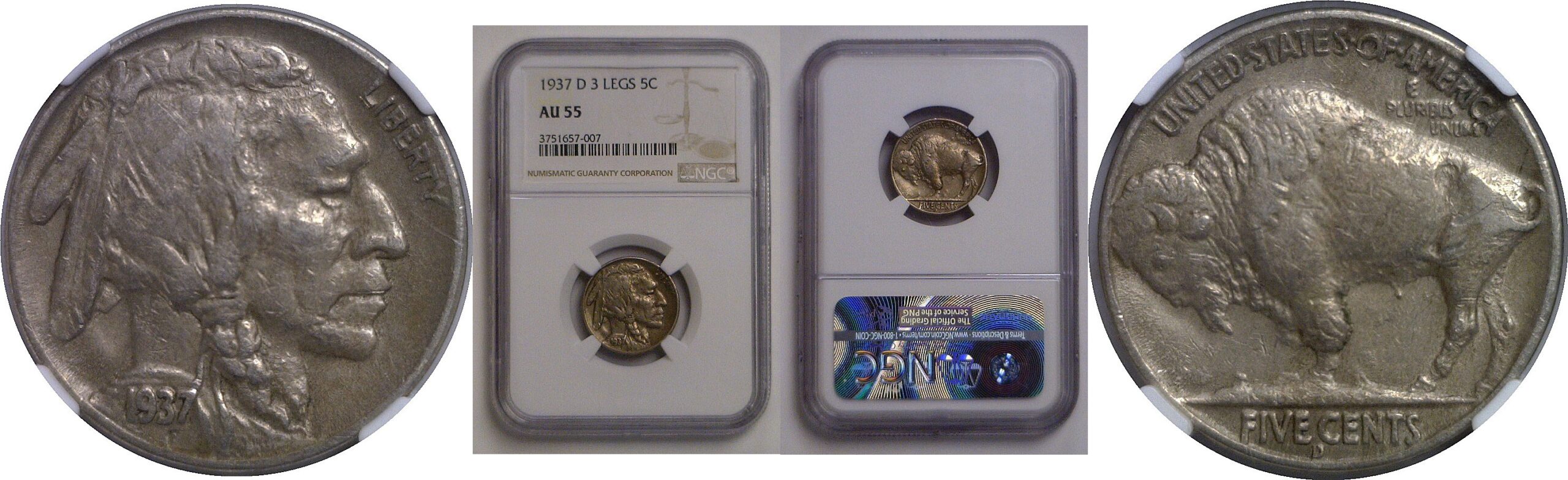 1937-D 3 Legs   Buffalo Nickel   NGC AU-55