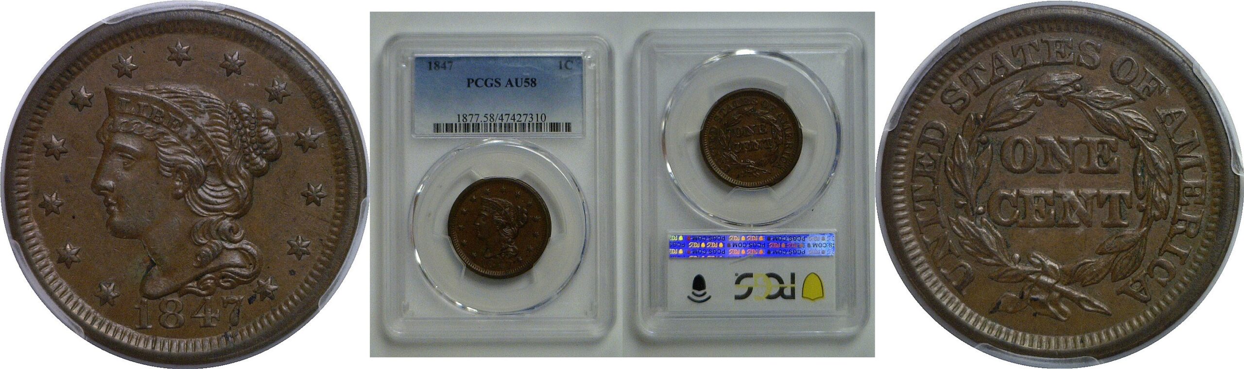1847 Large Cent   PCGS AU-58