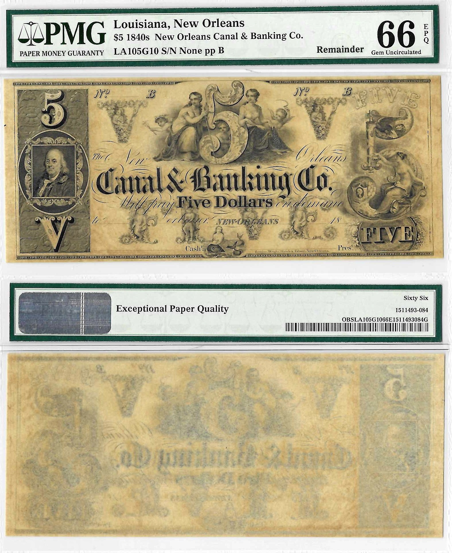 1840's $5 New Orleans, Louisiana PMG Gem CU-66 EPQ