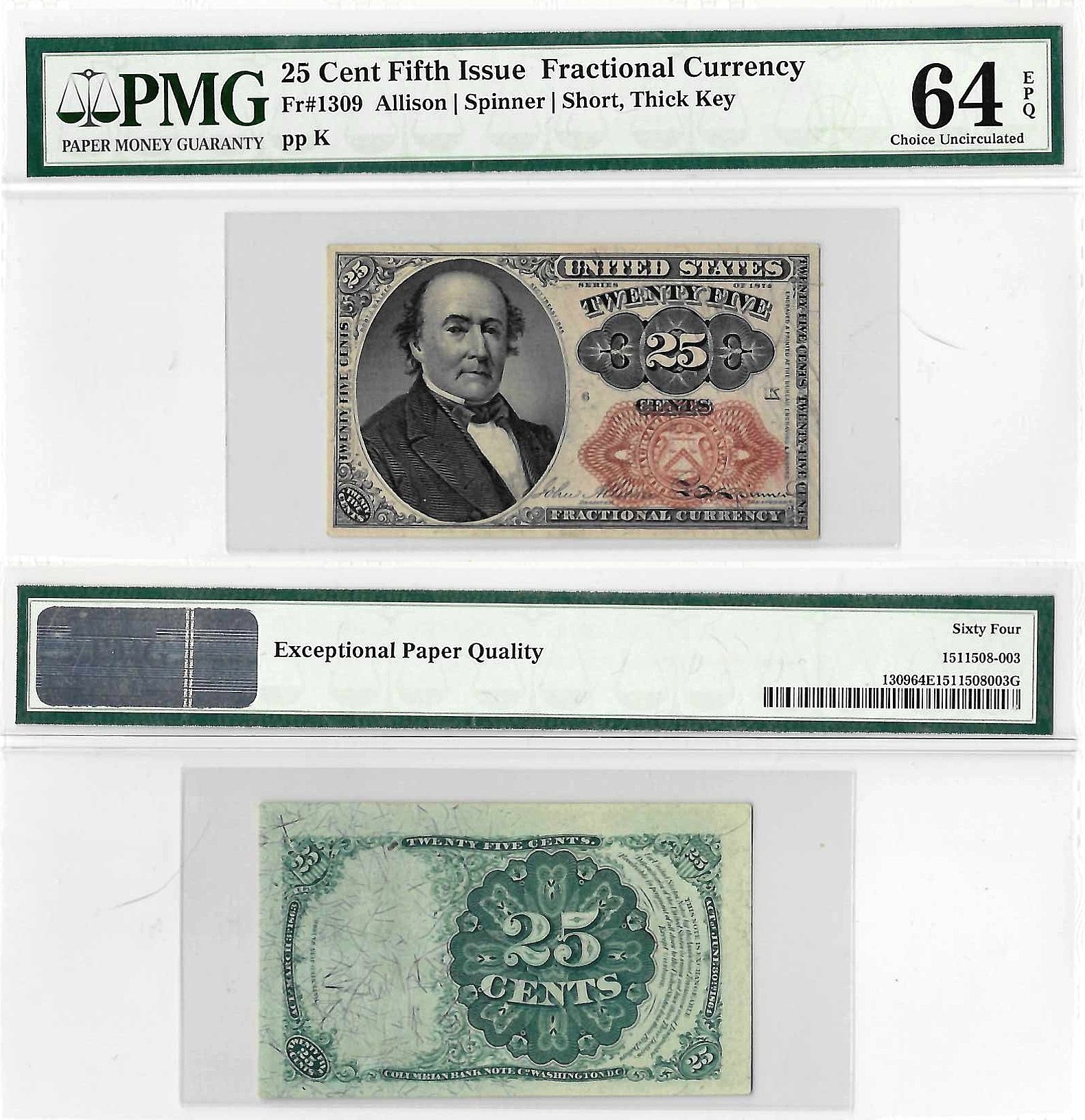 25 Cents Fifth Issue Fractional Currency Fr. 1309 PMG Choice UNC 64 EPQ