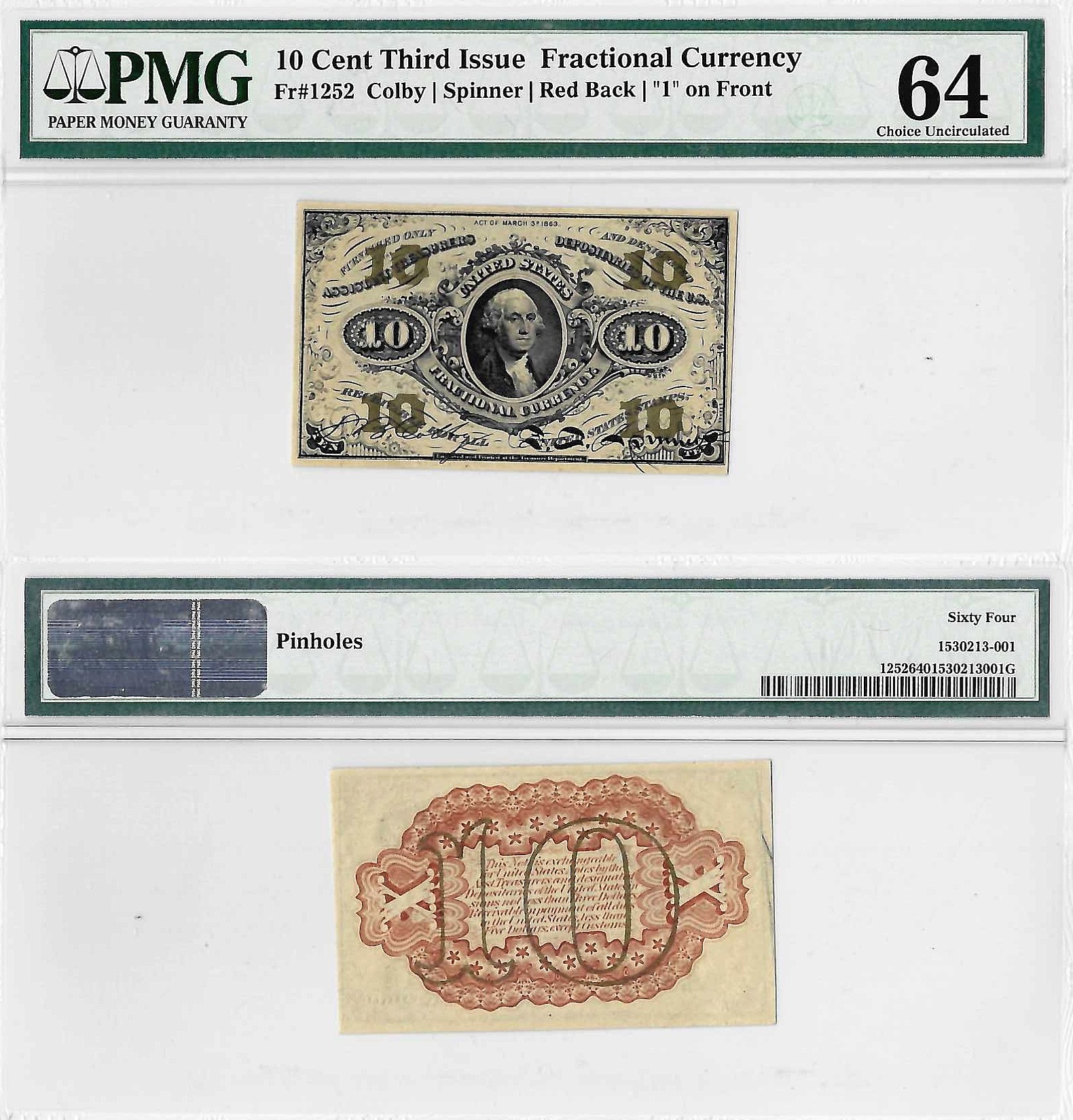 10 Cent Third Issue Fractional Currency Fr. 1252 PMG Choice UNC 64 Pin Holes