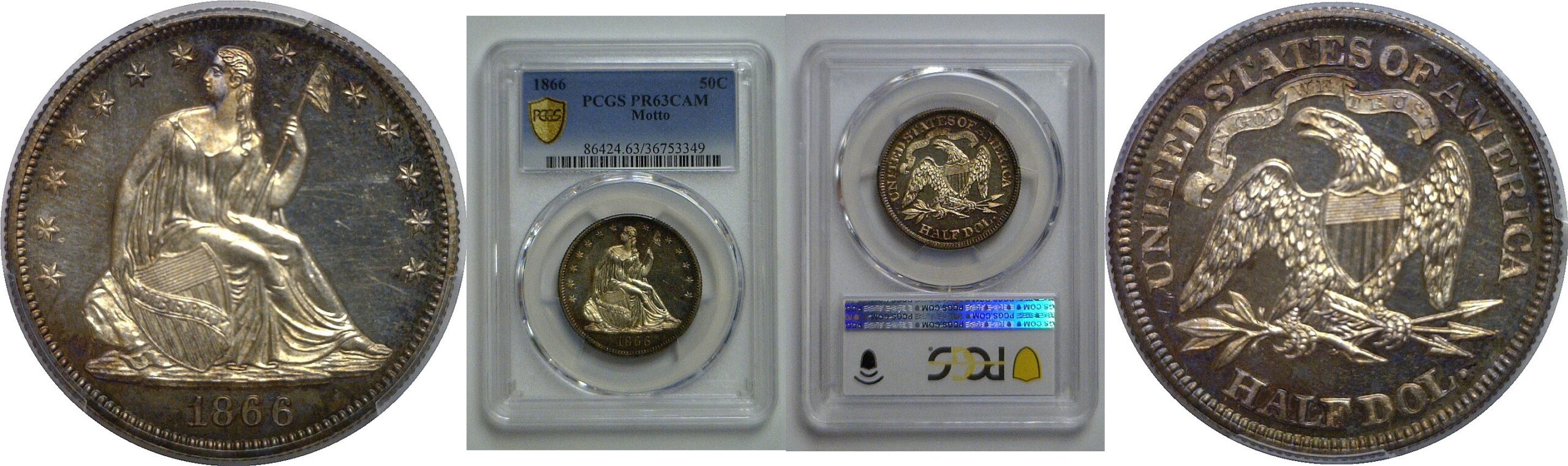 1866 Motto  Seated Liberty Half Dollar   PCGS PR-63 CAM