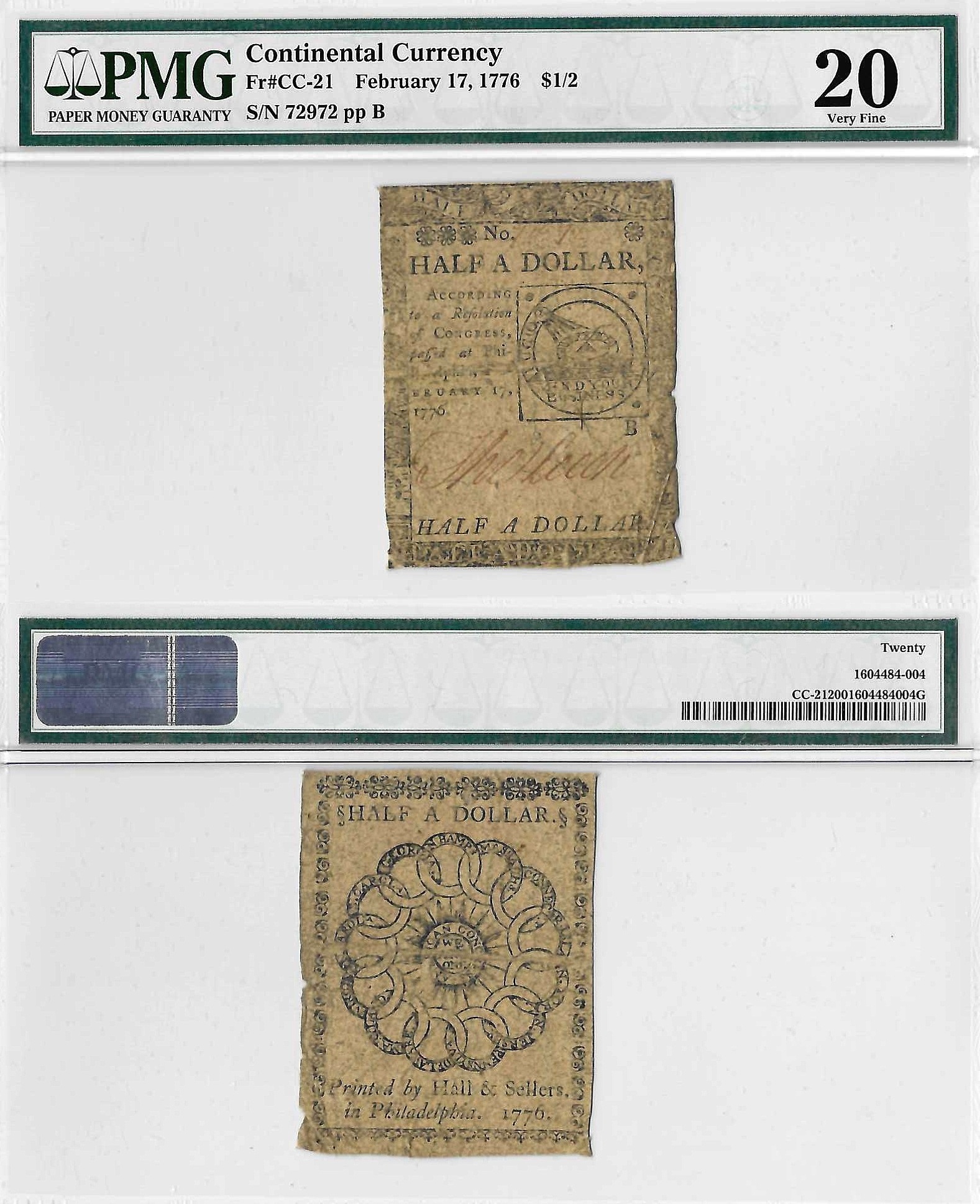 February 17, 1776 $1/2 Continental Currency Fr CC-21 PMG VF-20