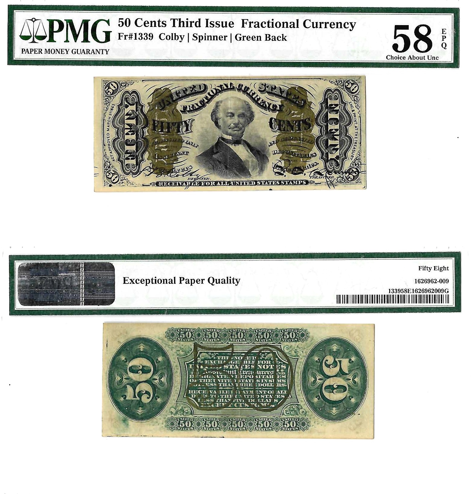 50 Cents Third Issue Fractional Currency Fr. 1339 PMG Choice AU 58 EPQ