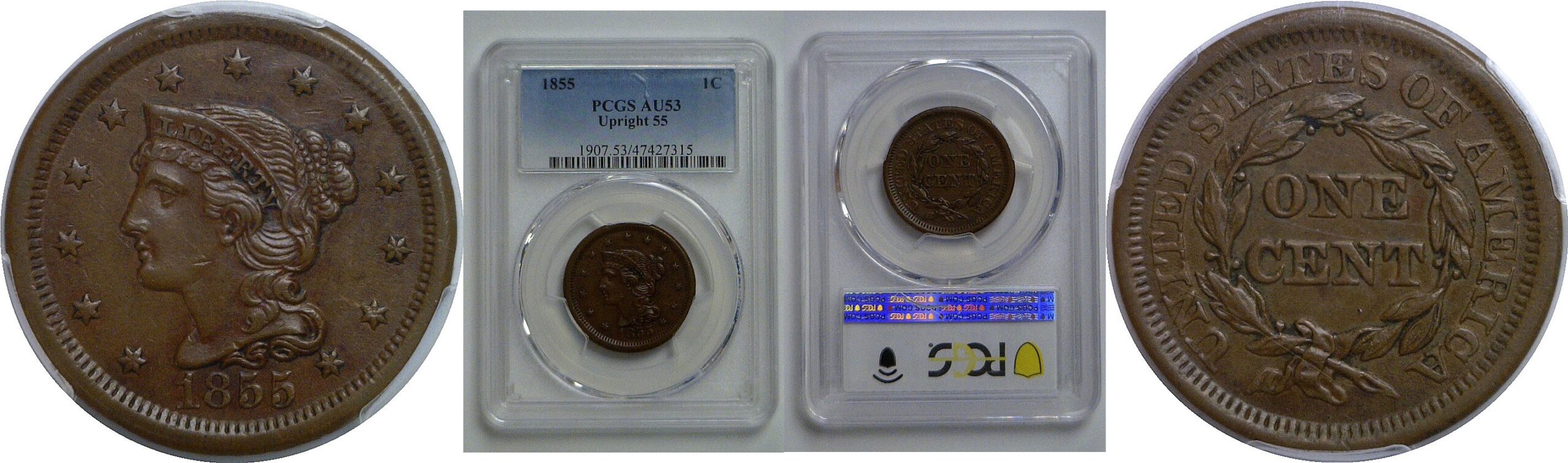 1855 Large Cent   PCGS AU-53