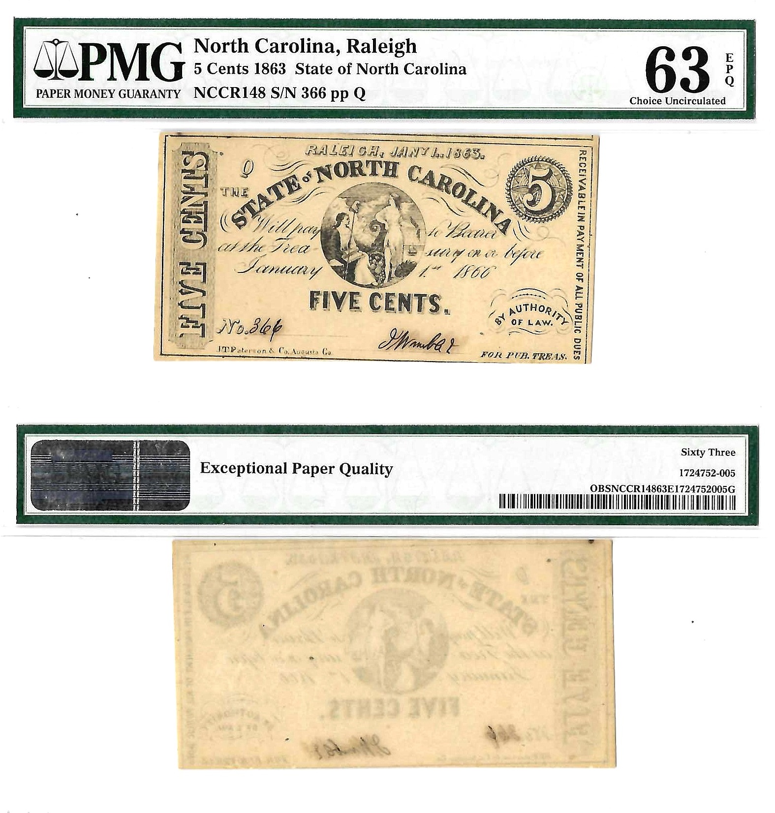 1863 5 Cents State Of North Carolina, Raleigh PMG Choice UNC 63 EPQ