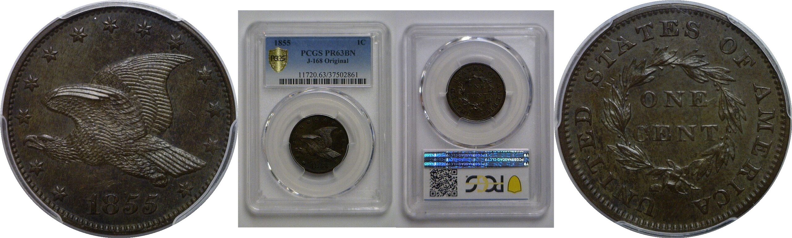 1855 Pattern Flying Eagle Cent   J-168 Original   PCGS PR-63 BN
