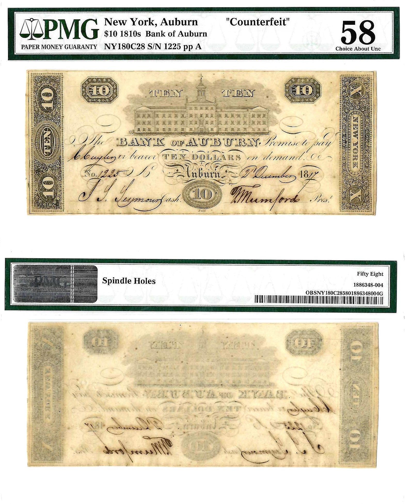 1810'S $10 Obsolete Auburn, New York Counterfeit PMG AU-58 Comment