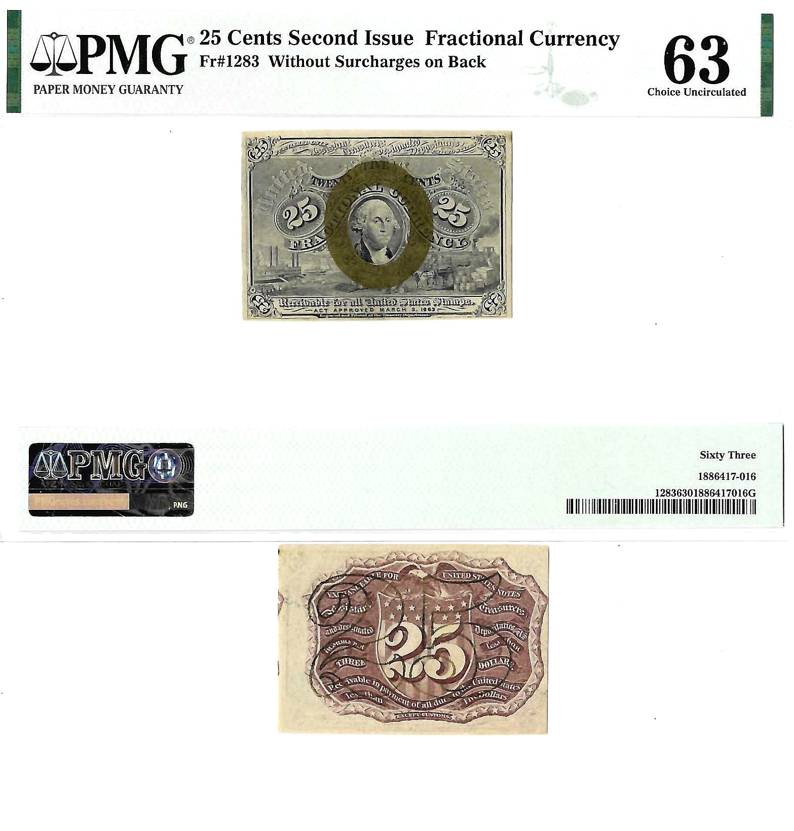 25 Cents Second Issue Fractional Currency Fr. 1283 PMG Choice UNC 63