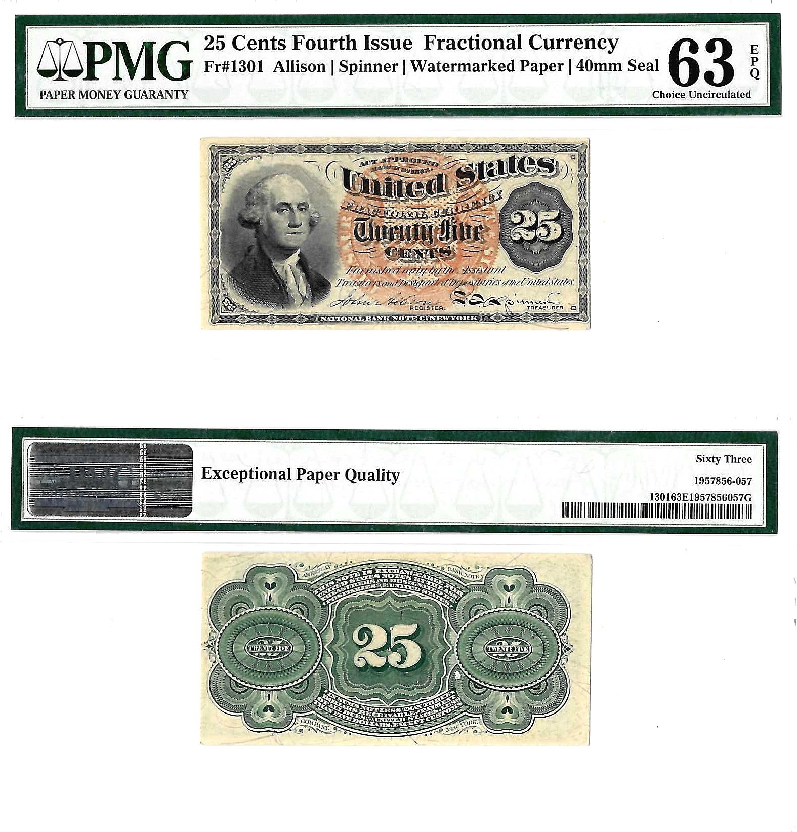 25 Cents Fourth Issue Fractional Currency Fr. 1301 PMG Choice UNC 63 EPQ