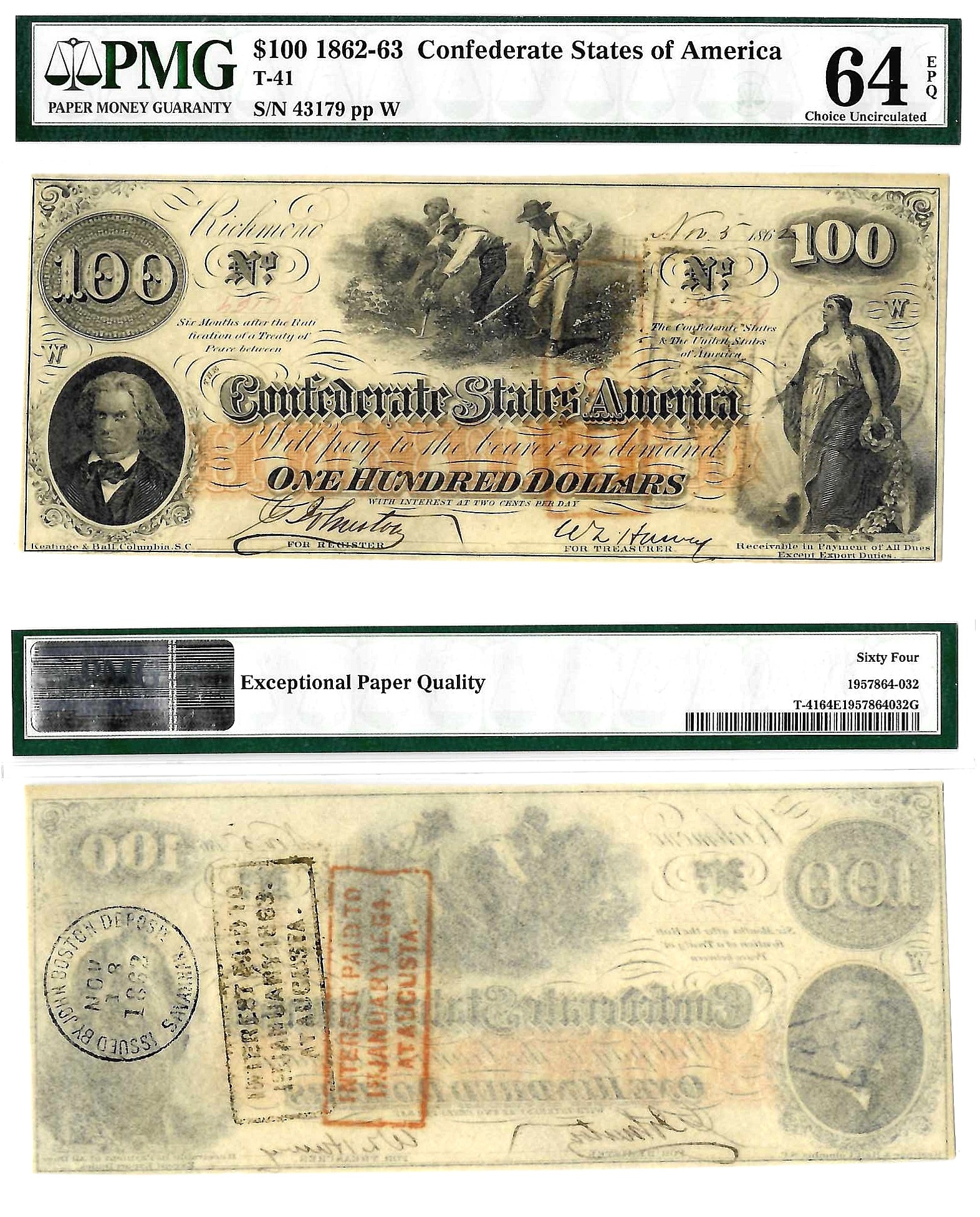 1862 $100 Confederate States Note T-41 PMG Choice UNC 64 EPQ