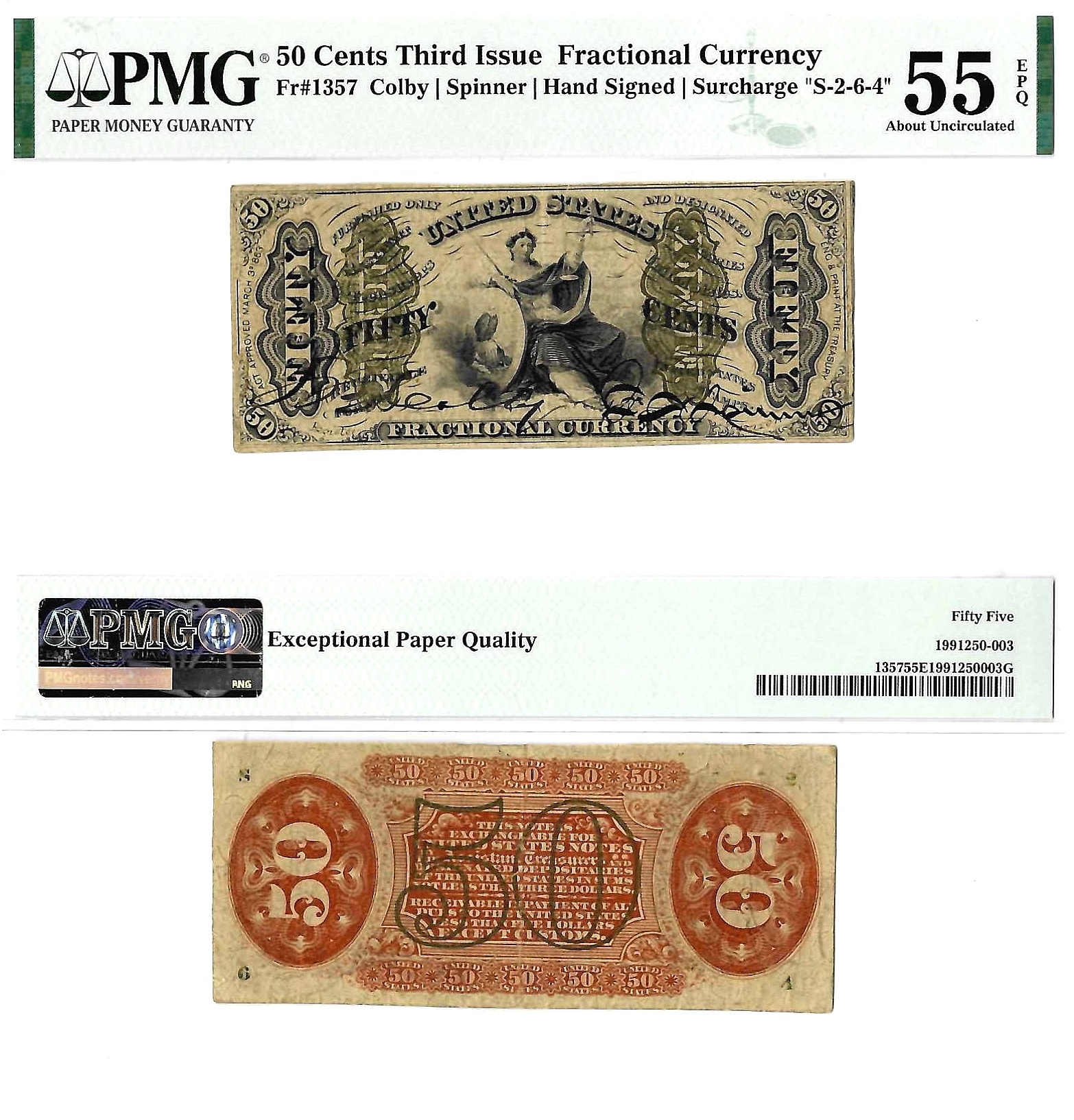 50 Cents 3rd Issue Fractional Currency Fr. 1357 PMG AU-55 EPQ