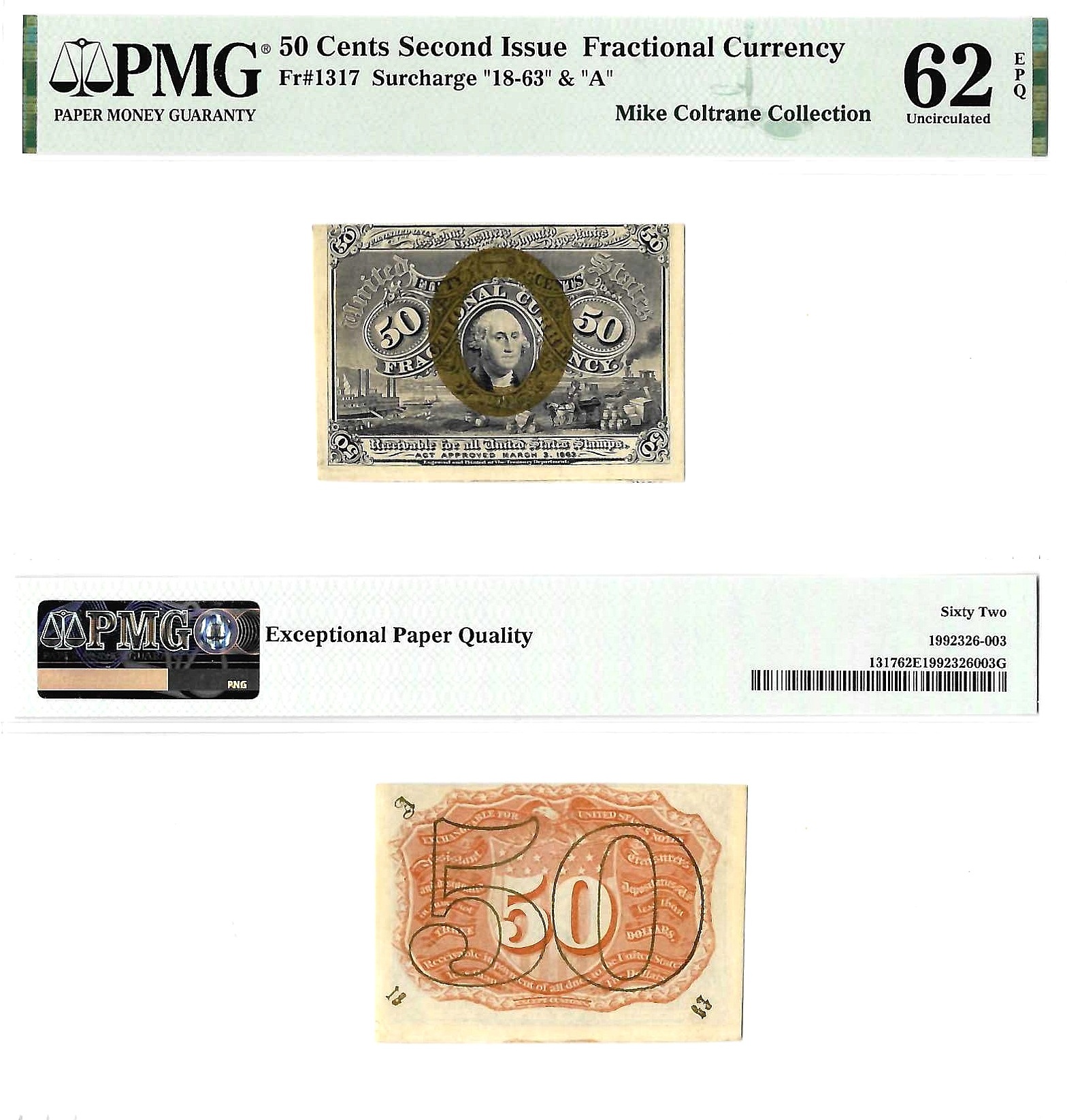 50 Cents Second Issue Fractional Currency Fr. 1317 PMG CU-62 EPQ