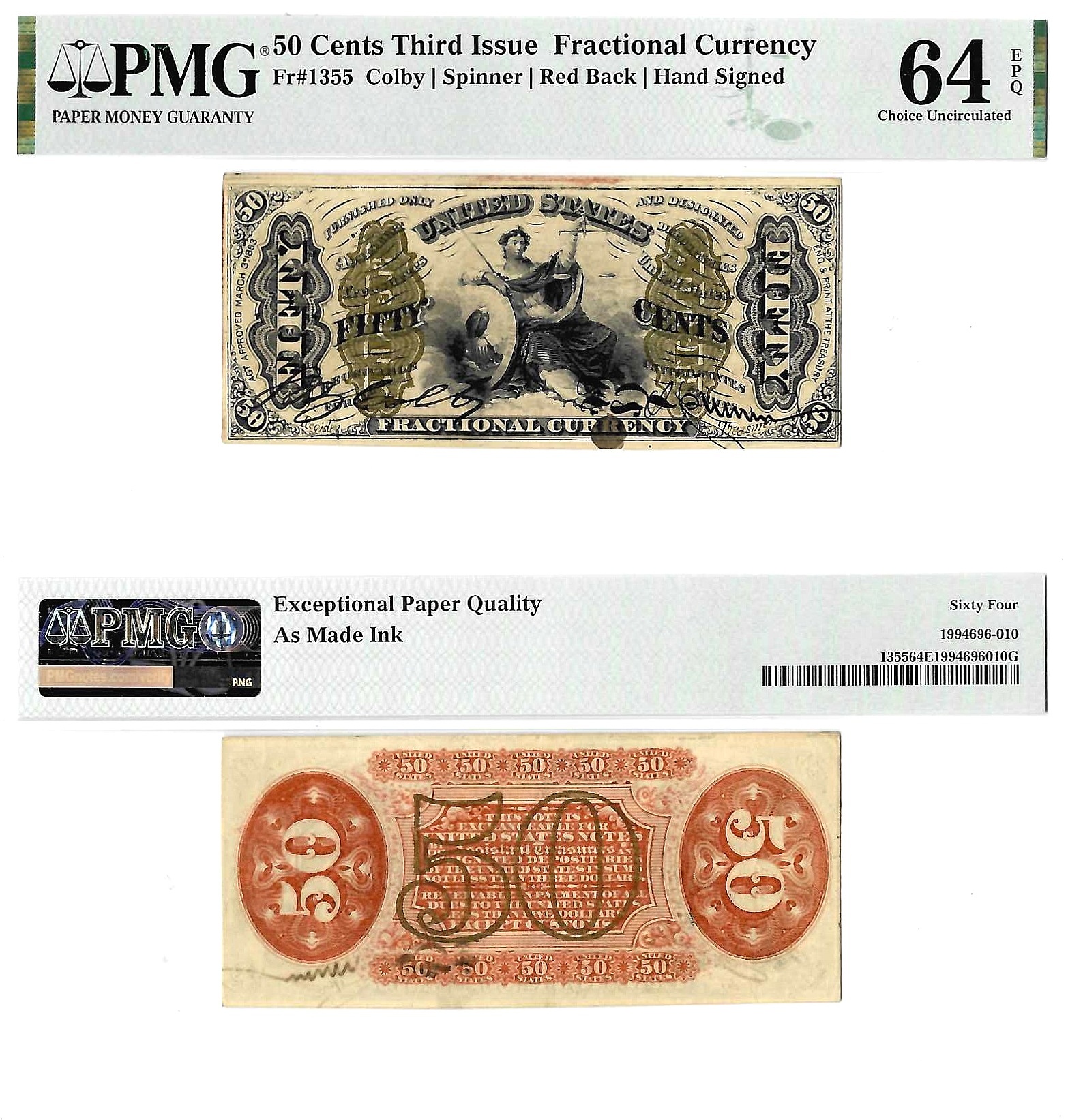 50 Cent 3rd Issue Fractional Currency Fr-1355 PMG Choice CU-64 EPQ