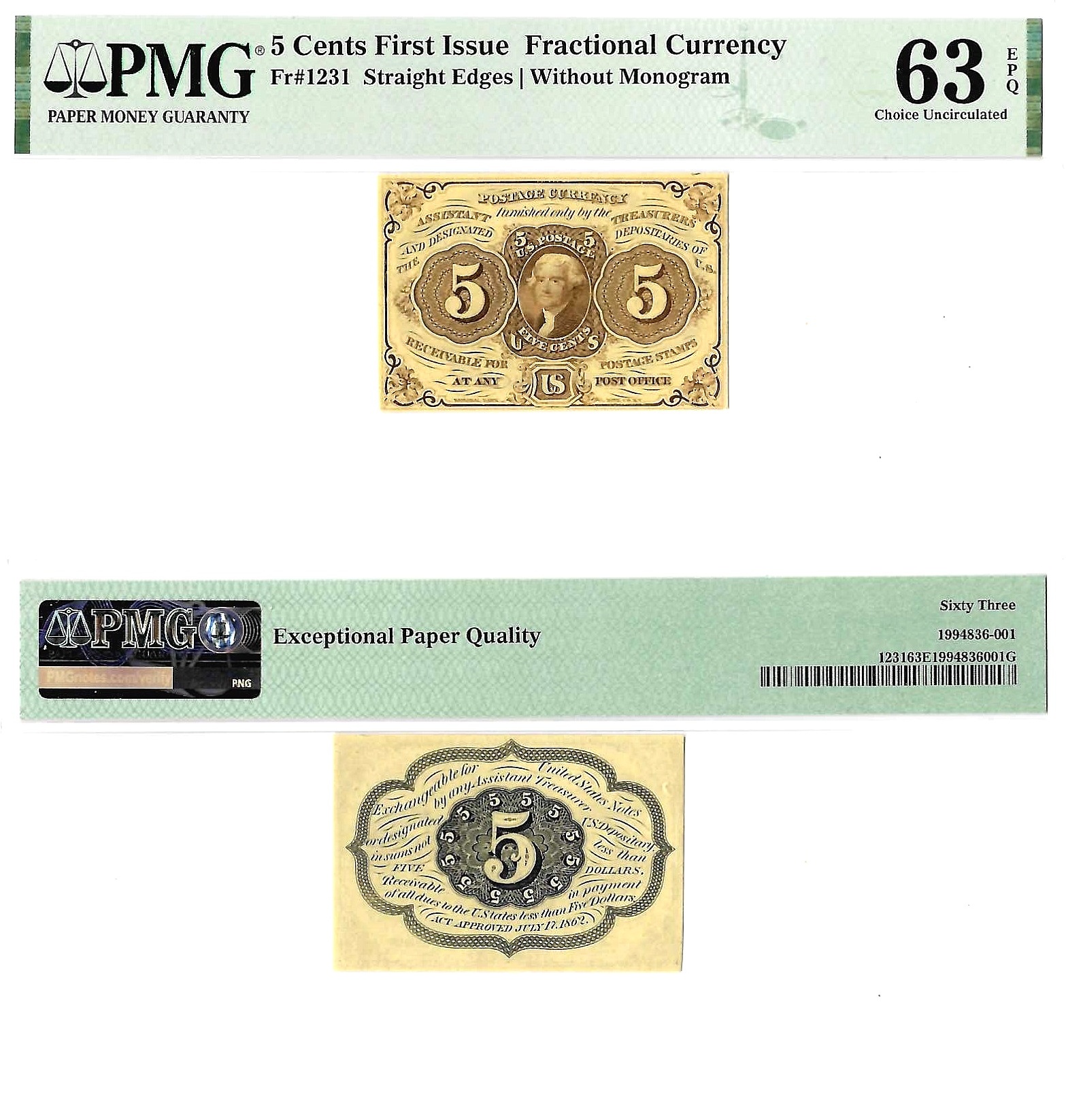 5 Cents First Issue Fractional Currency Fr. 1231 PMG Choice CU-63 EPQ