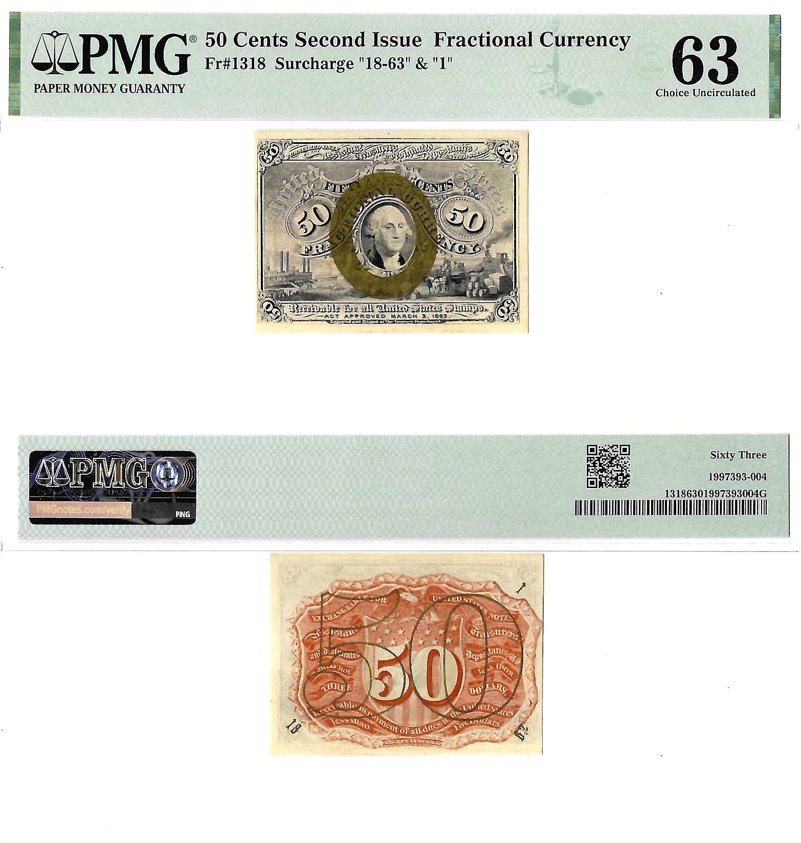 50 Cents Second Issue Fractional Currency Fr. 1318 PMG Choice UNC 63