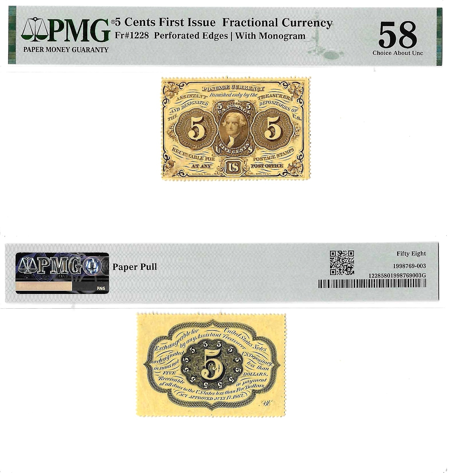 5 Cents First Issue Fractional Currency Fr 1228 PMG Choice AU 58 Paper Pull