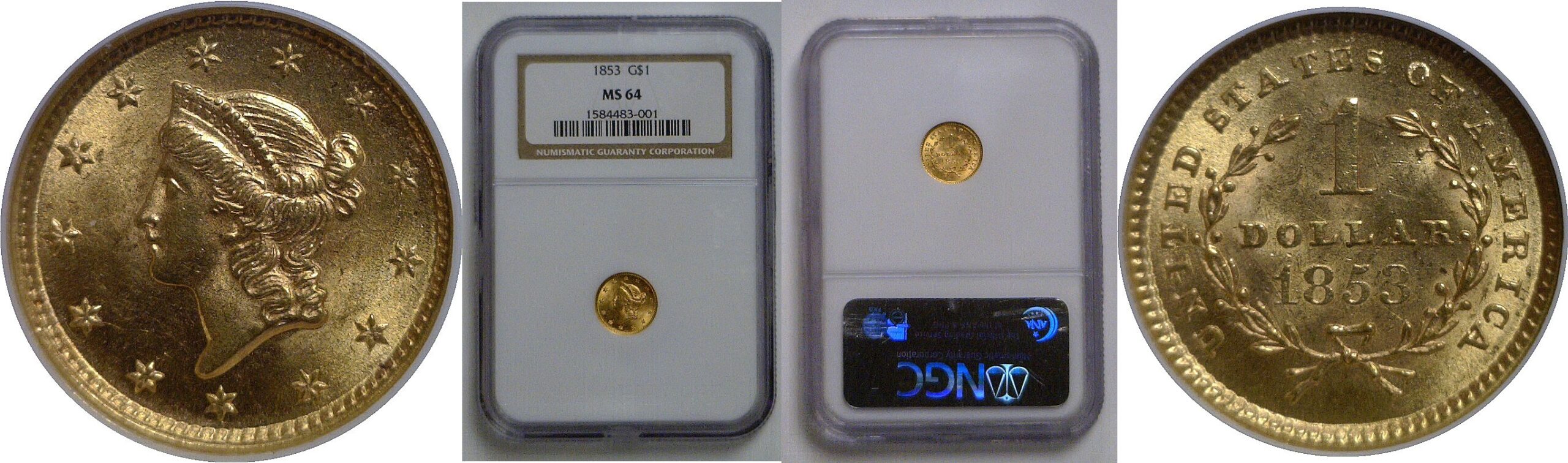 1853 One Dollar Gold Coin   NGC MS-64