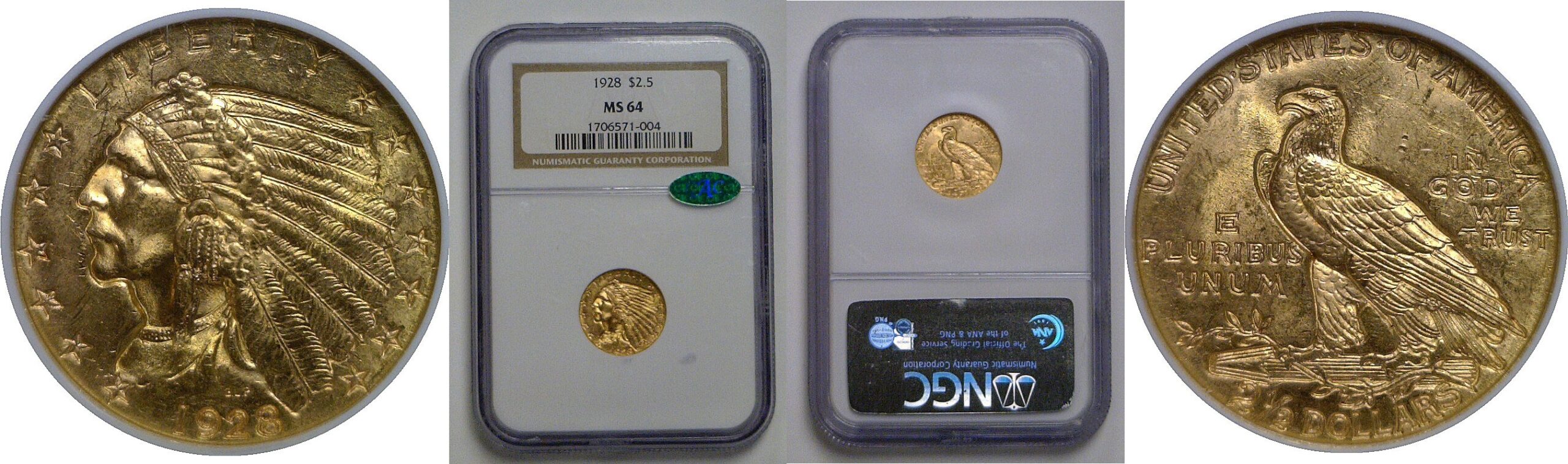 1928 $2 1/2 Indian   NGC MS-64 CAC
