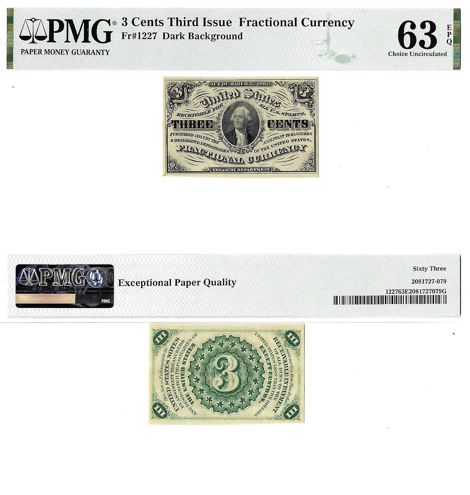 3 Cents Third Issue Fractional Currency Fr. 1227 PMG Choice CU-63 EPQ