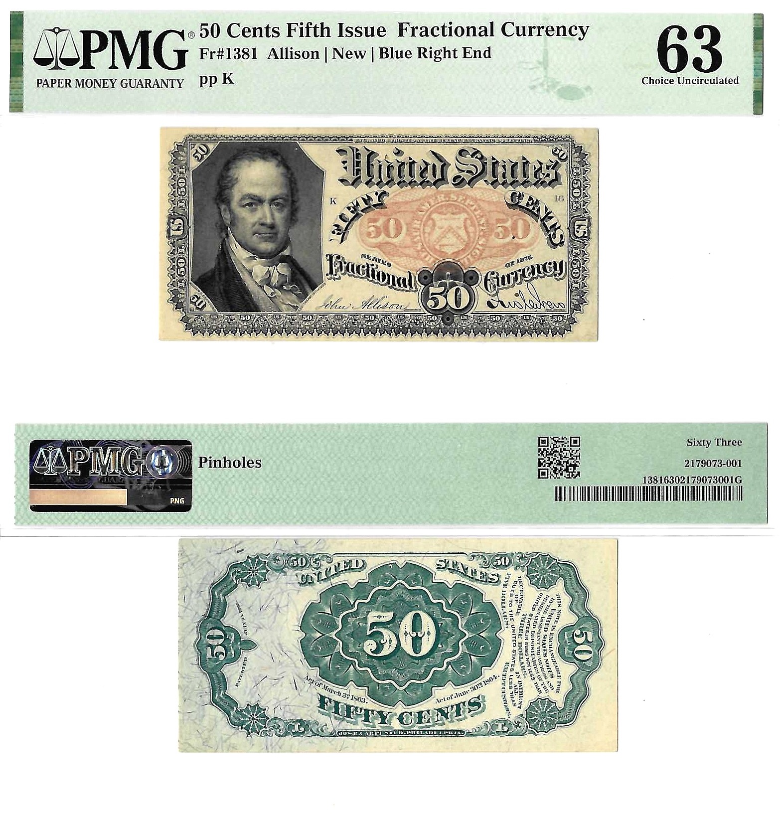 50 Cents Fifth Issue Fractional Currency Fr. 1381 PMG Choice CU 63 Pinholes