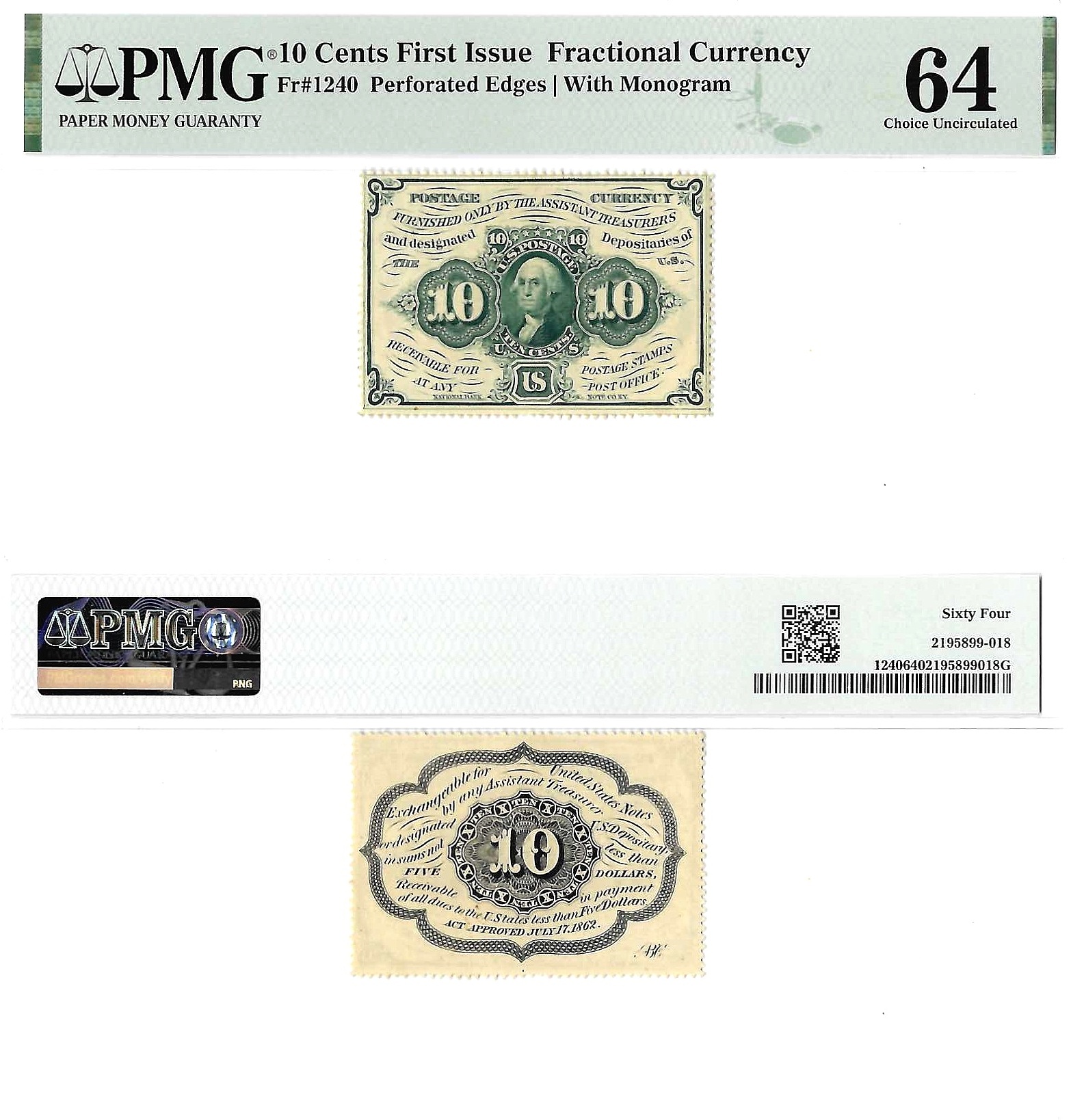 10 Cents First Issue Fractional Currency Fr. 1240 PMG Choice UNC 64