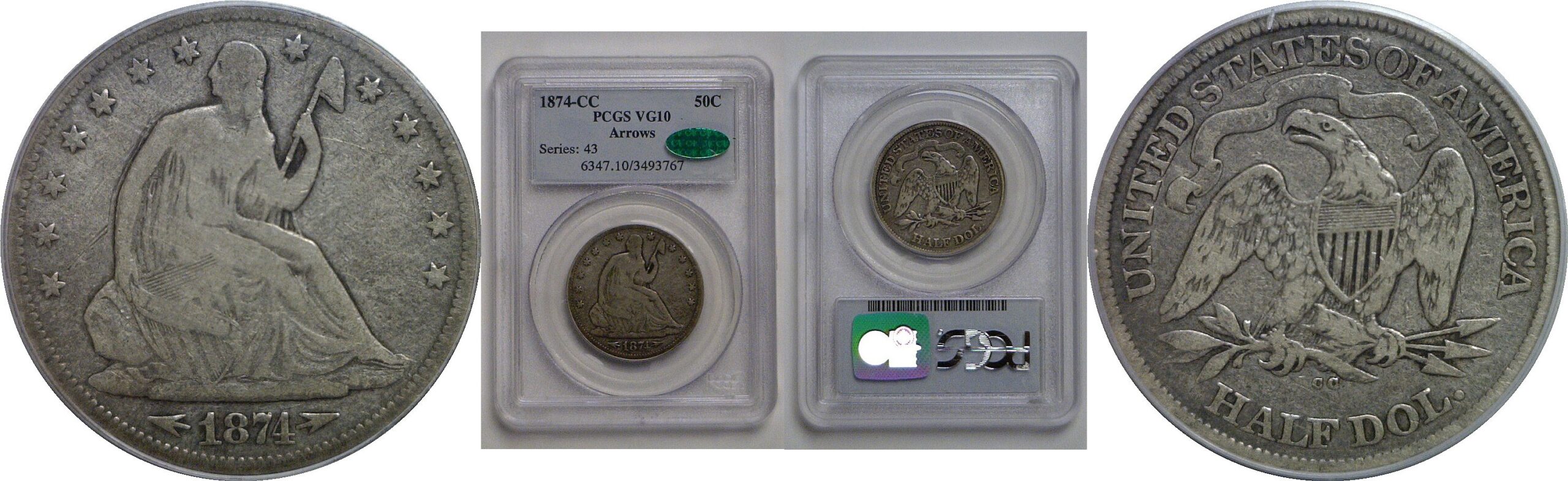 1874-CC Seated Liberty Half Dollar   PCGS VG-10 CAC