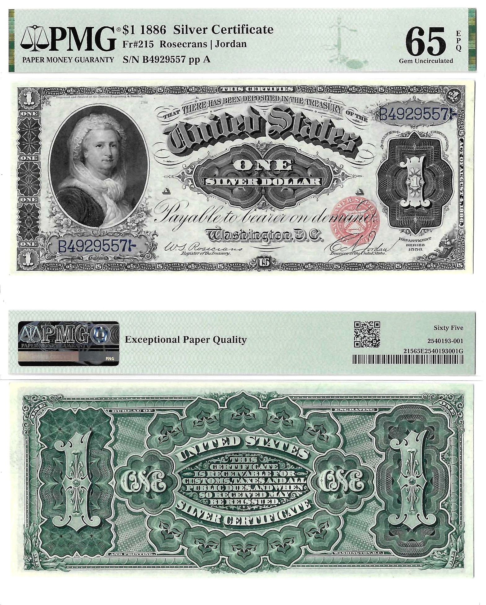 1886 $1 Silver Certificate Fr. 215 PMG Gem UNC 65 EPQ