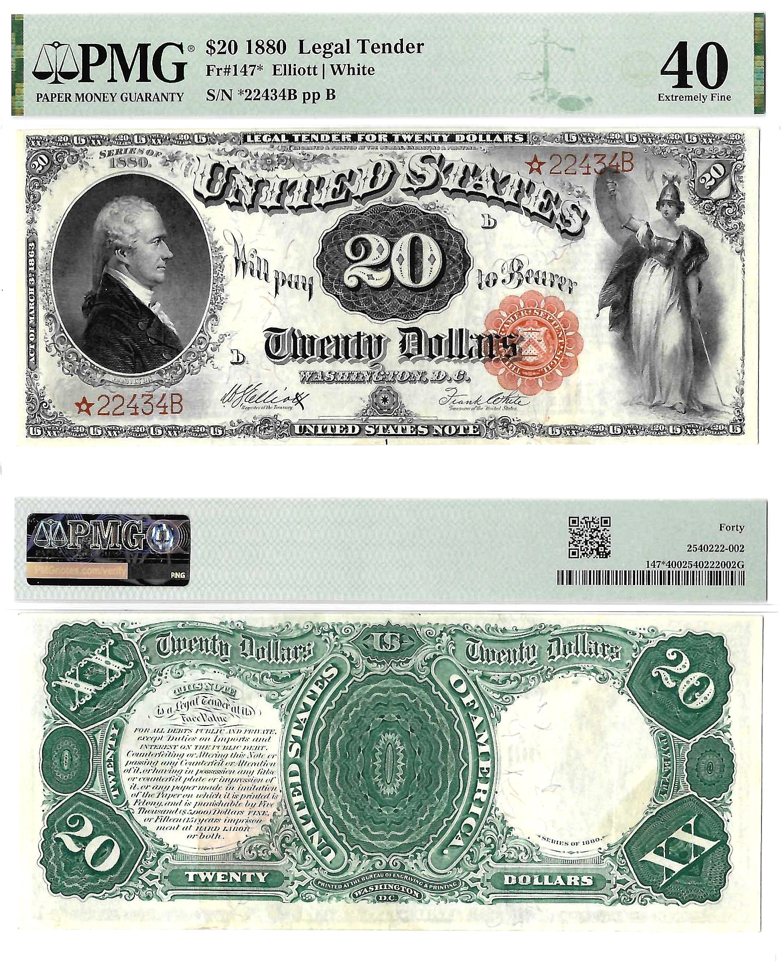 1880 $20 Legal Tender Star Note Fr. 147* PMG Extremely Fine 40