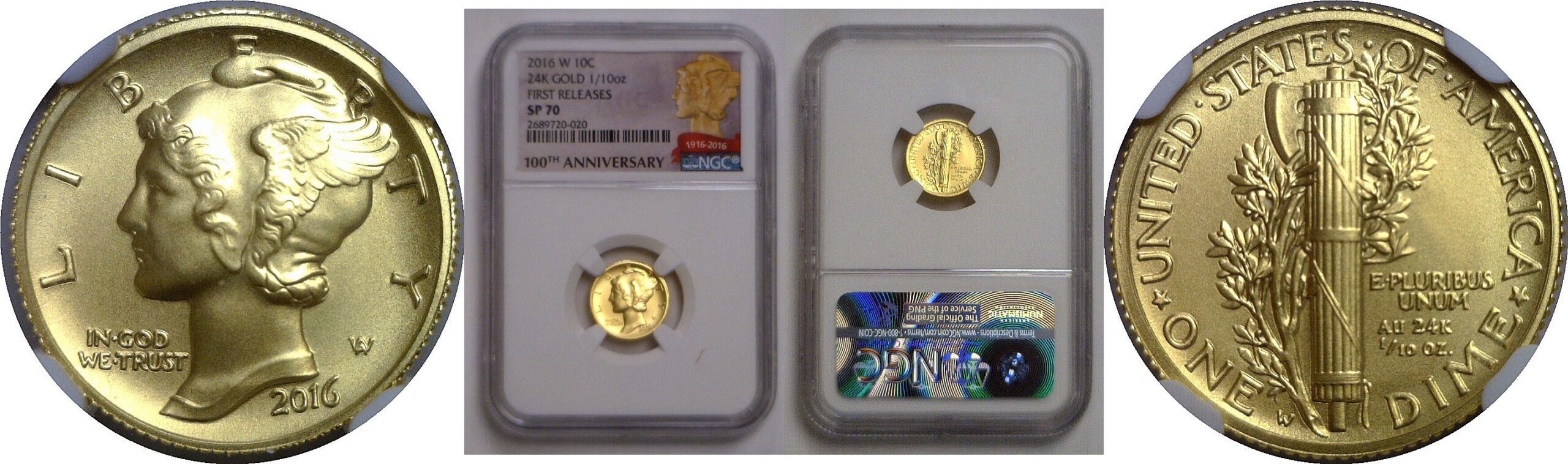 2016-W   Gold Mercury Dime   NGC SP-70