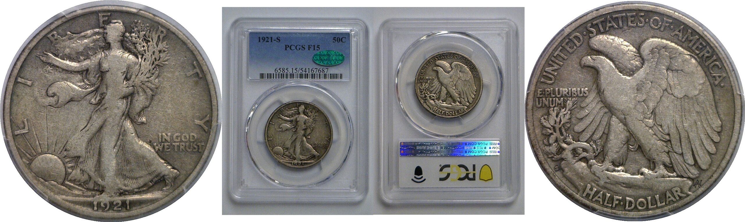 1921-S Walking Liberty Half Dollar   PCGS F-15 CAC