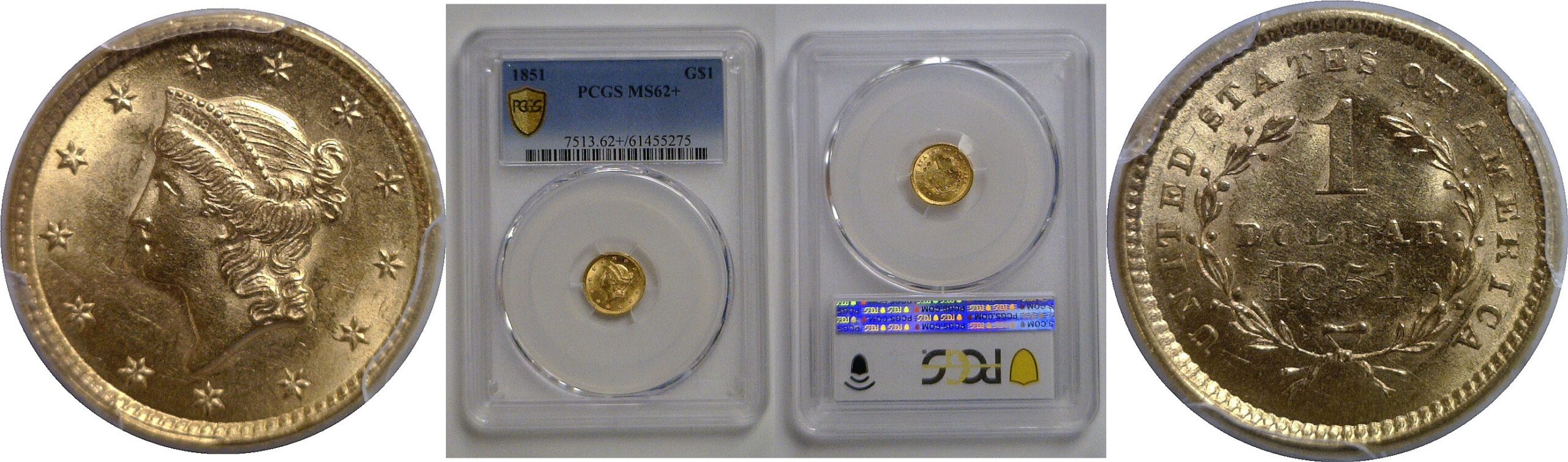 1851 One Dollar Gold Coin   PCGS MS-62+