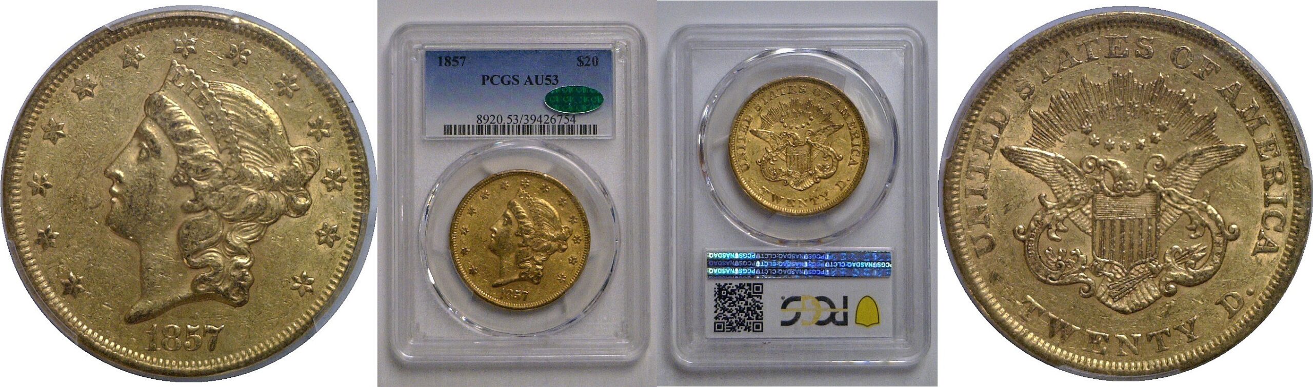1857 $20 Liberty   PCGS AU-53 CAC