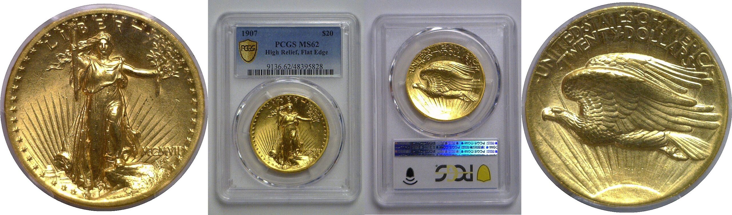 1907 $20 St. Gaudens   High Relief, Flat Edge   PCGS MS-62