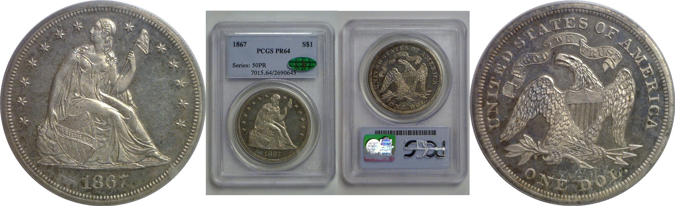 1867 Seated Liberty Dollar   PCGS PR-64  CAC