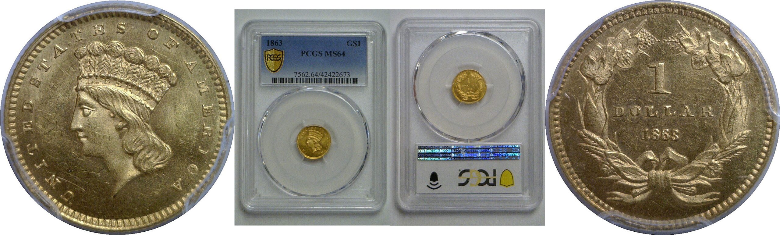 1863 One Dollar Gold Coin   PCGS MS-64