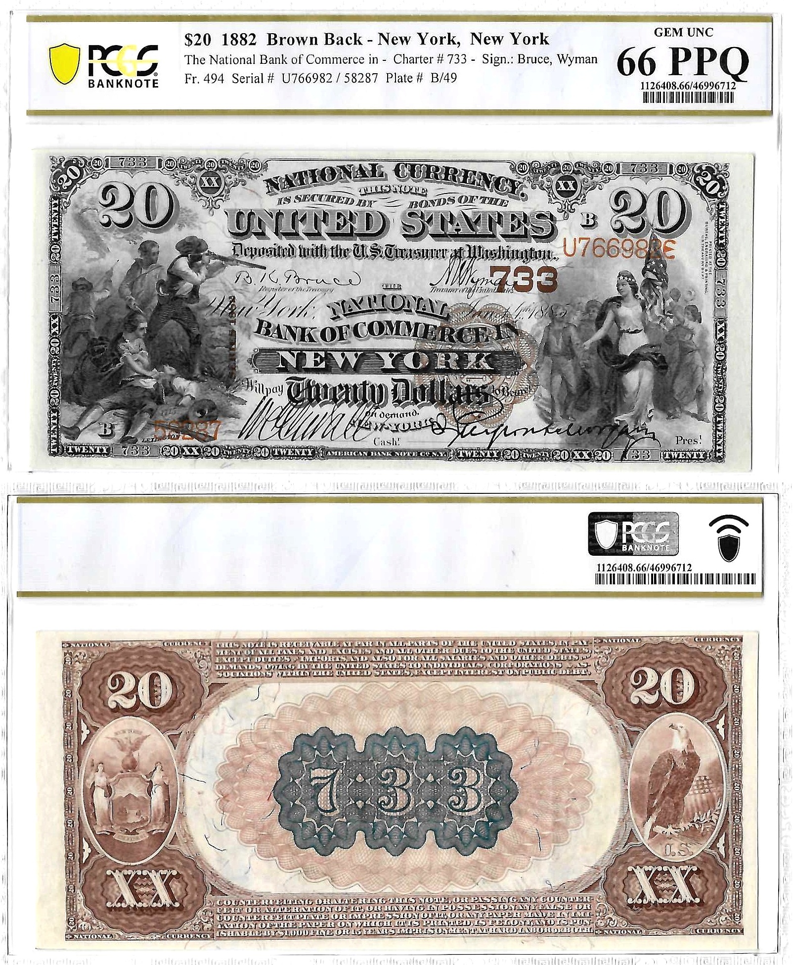 1882 $20 Brown Back National Bank Of Commerce In New York Charter #733 PCGS Gem Unc 66 PPQ