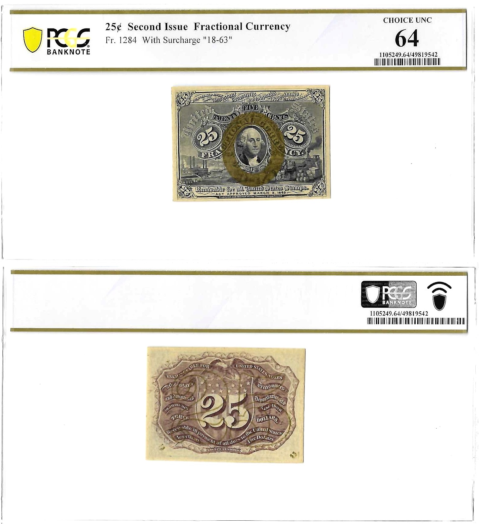 25 Cent Second Issue Fractional Currency Washington Fr. 1284 PCGS Choice UNC 64