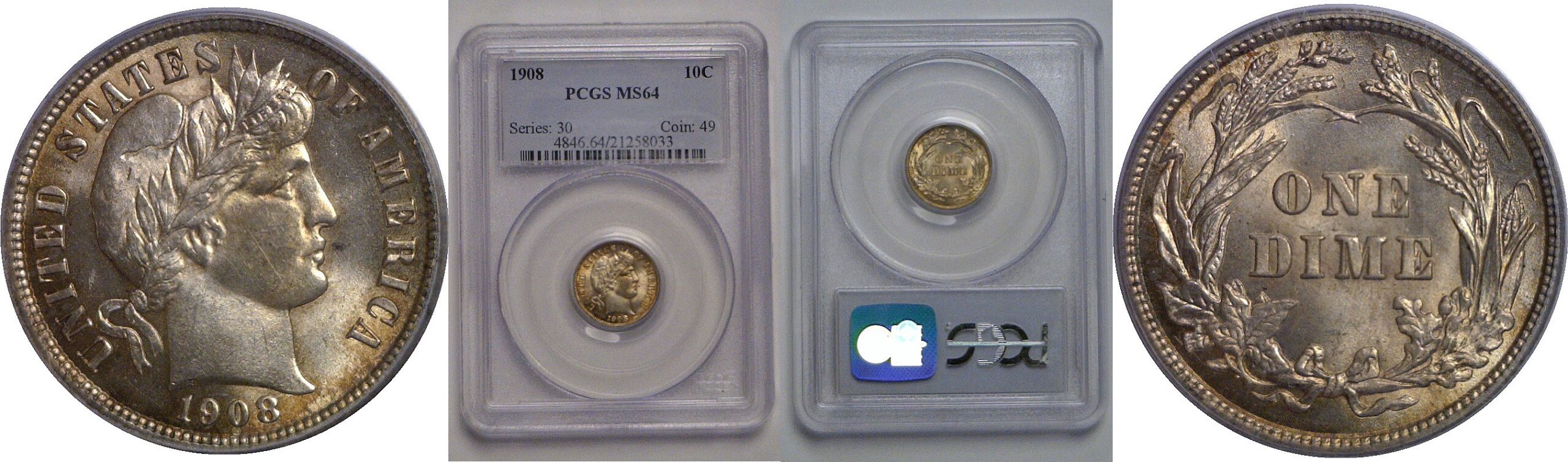 1908 Barber Dime   PCGS MS-64