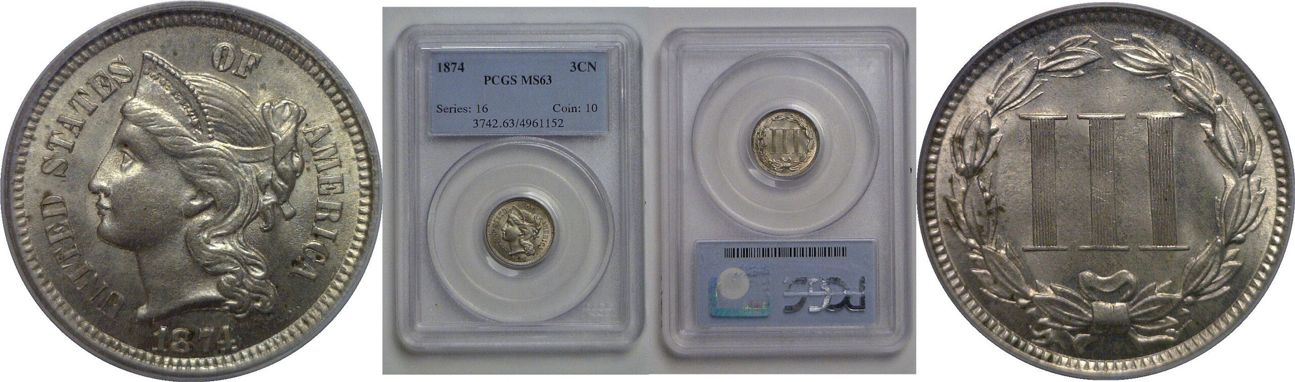 1874 Nickel Three Cent   PCGS MS-63