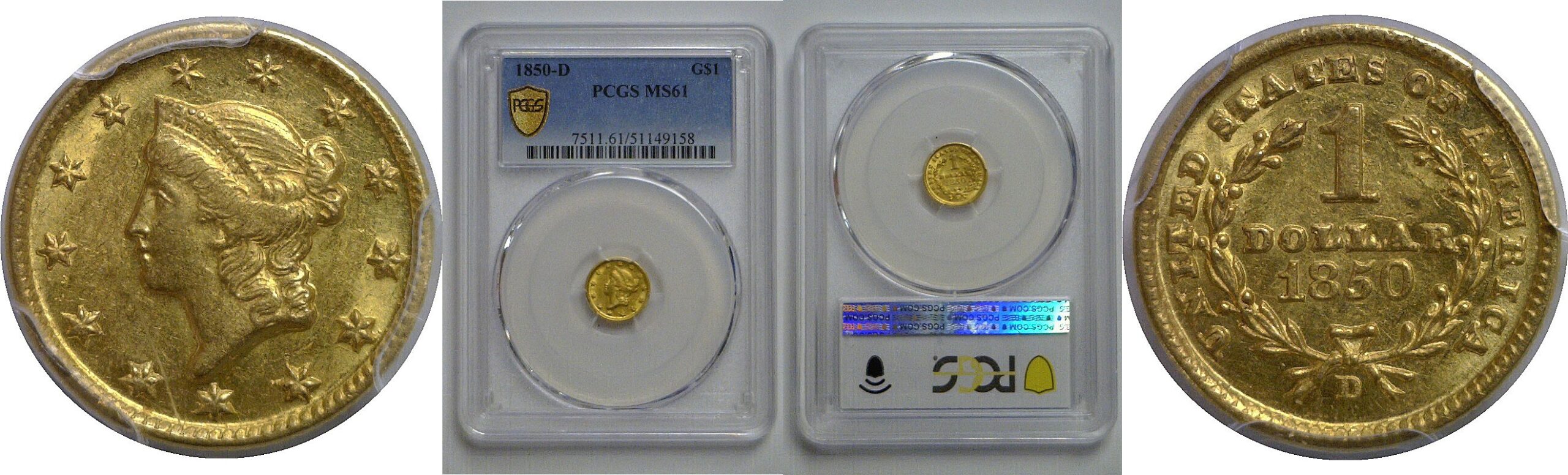 1850-D One Dollar Gold Coin   PCGS MS-61